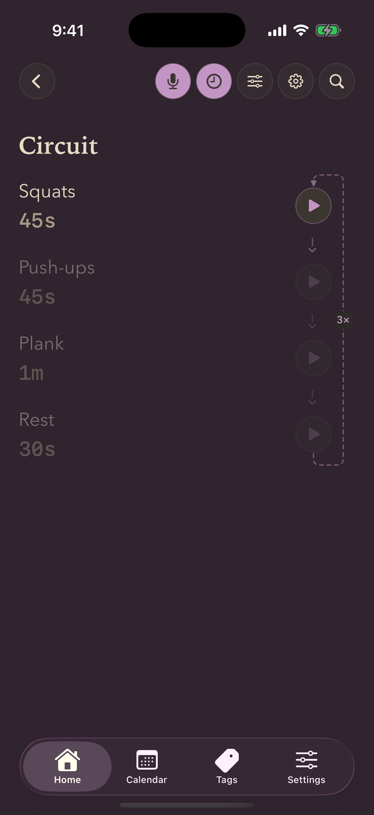 A timer list called Circuit: squats, push-ups, plank and rest chained together, with a looping path down the right side marked three times