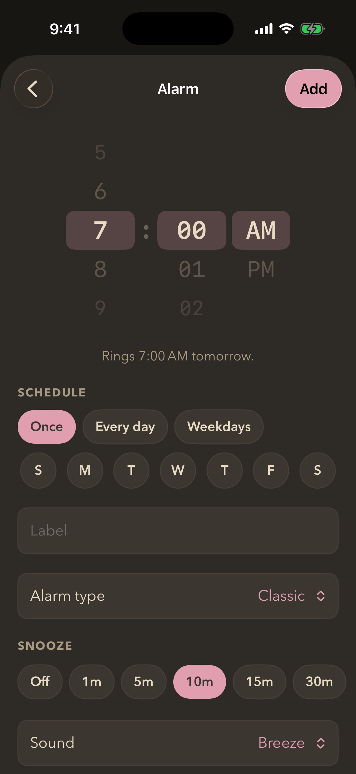 An alarm editor with a time picker set to 7:00 AM, schedule chips, snooze options and a sound picker