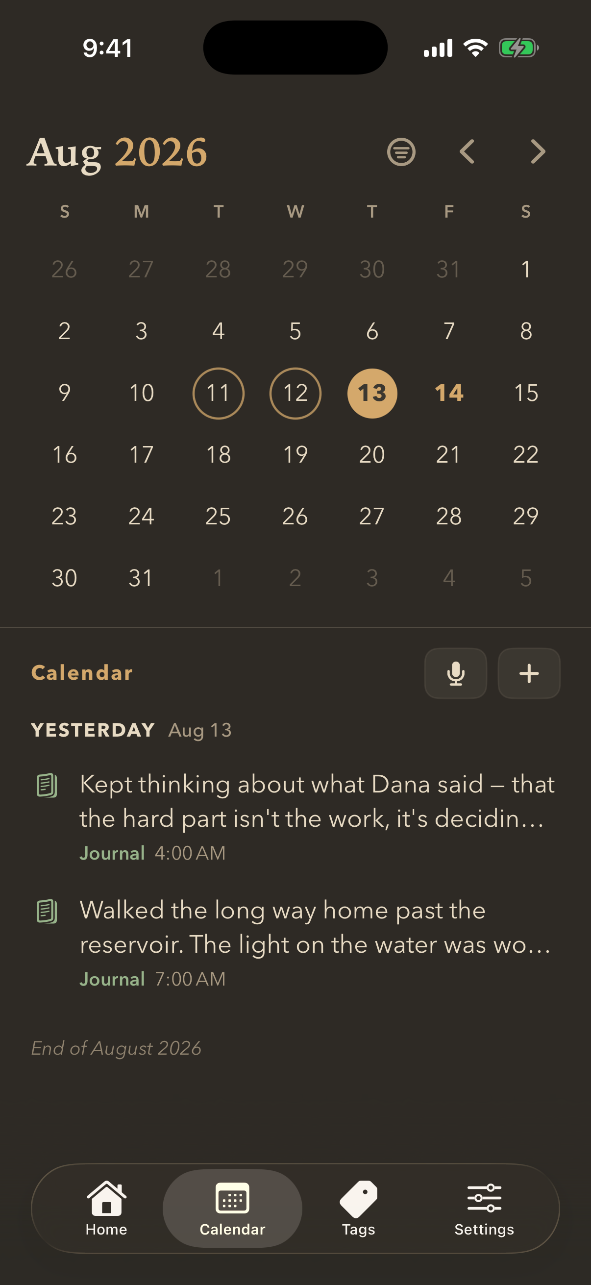 The calendar month view with dated days ringed, one day selected, and its jots listed underneath