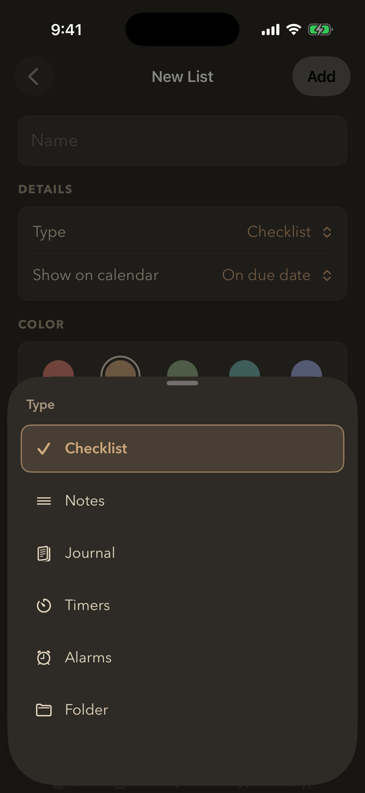 The list type picker showing Checklist, Notes, Journal, Timers, Alarms and Folder