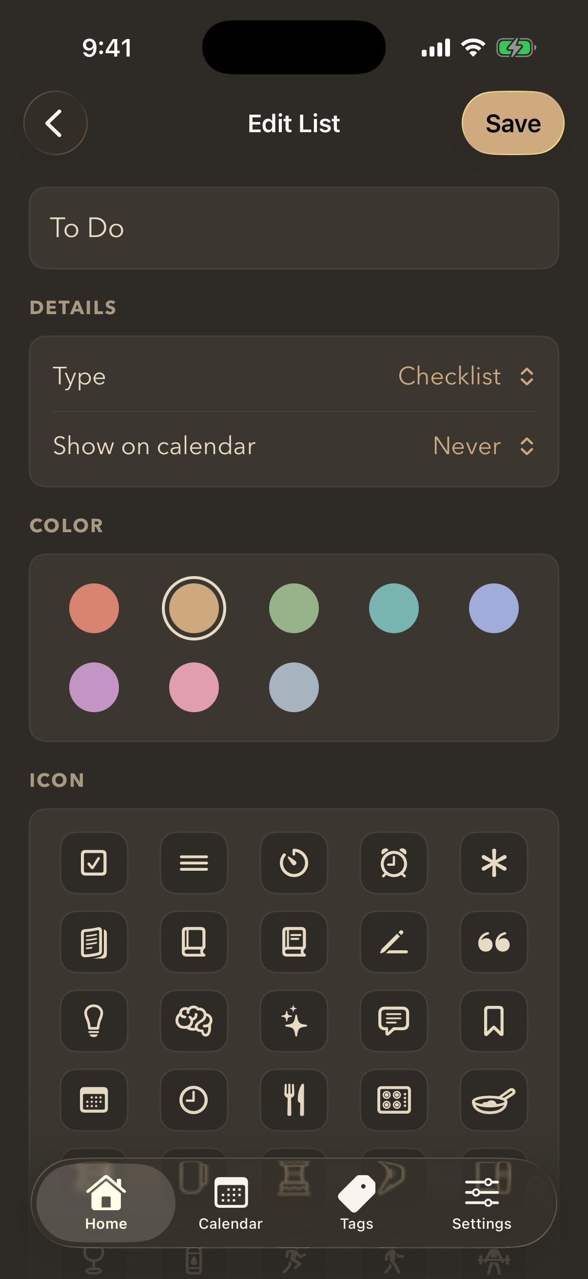 The Edit List screen showing the list name, its type, eight colours and a grid of icons