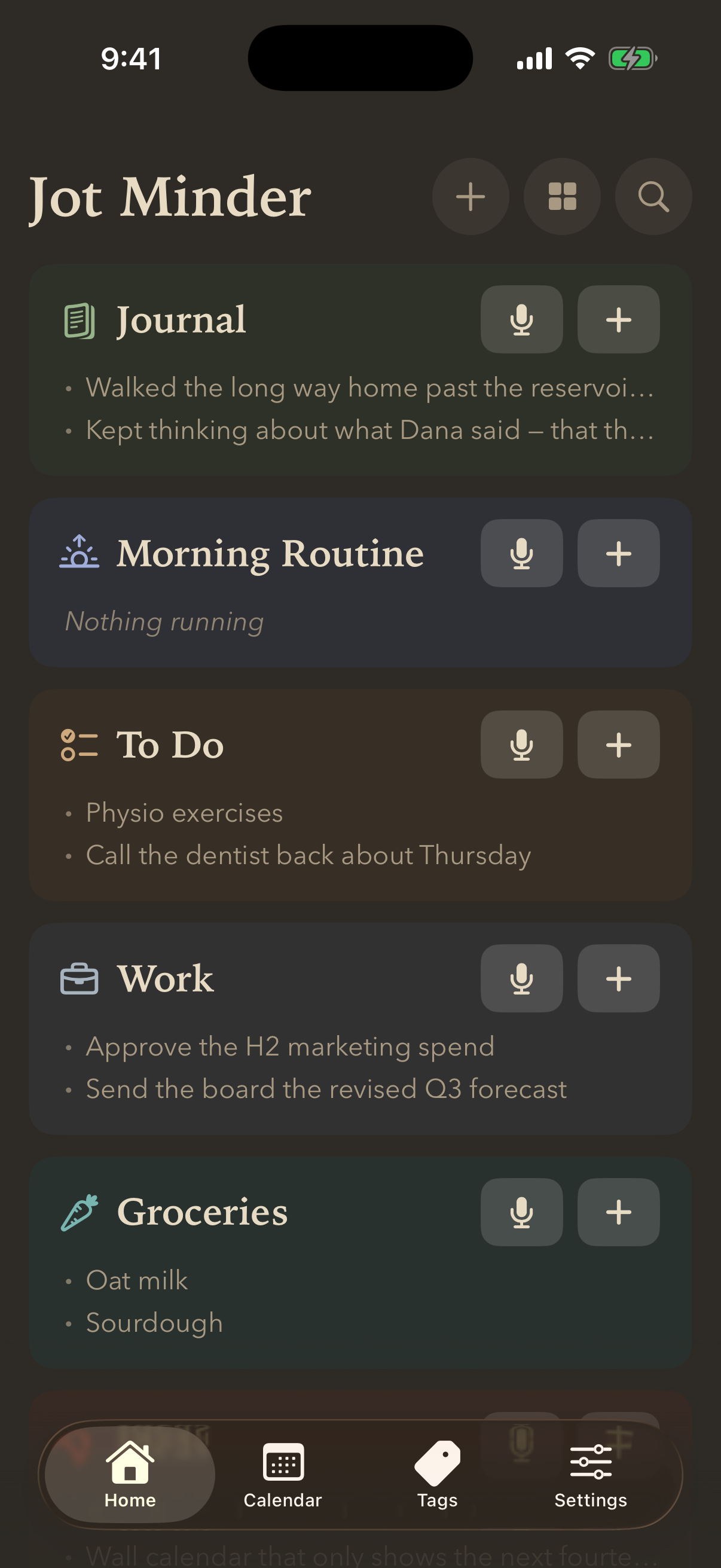 Home showing a journal, a timer routine, two checklists and a notes list, each in its own colour