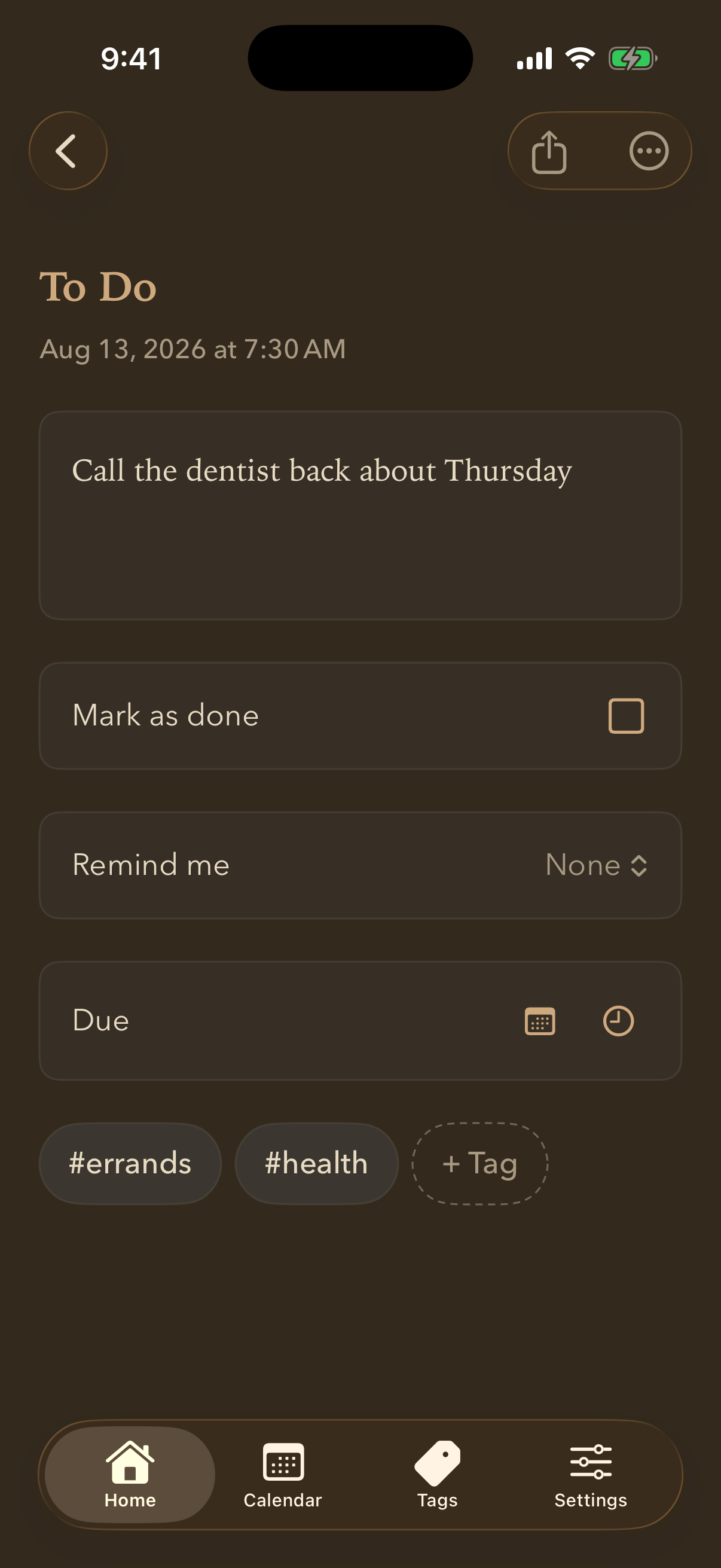 A to-do open, showing Mark as done, a Remind me row, a Due row and its tags