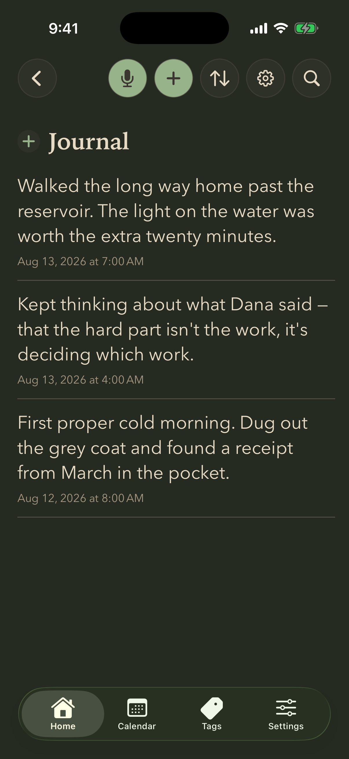 A journal list with three dated entries, newest at the top