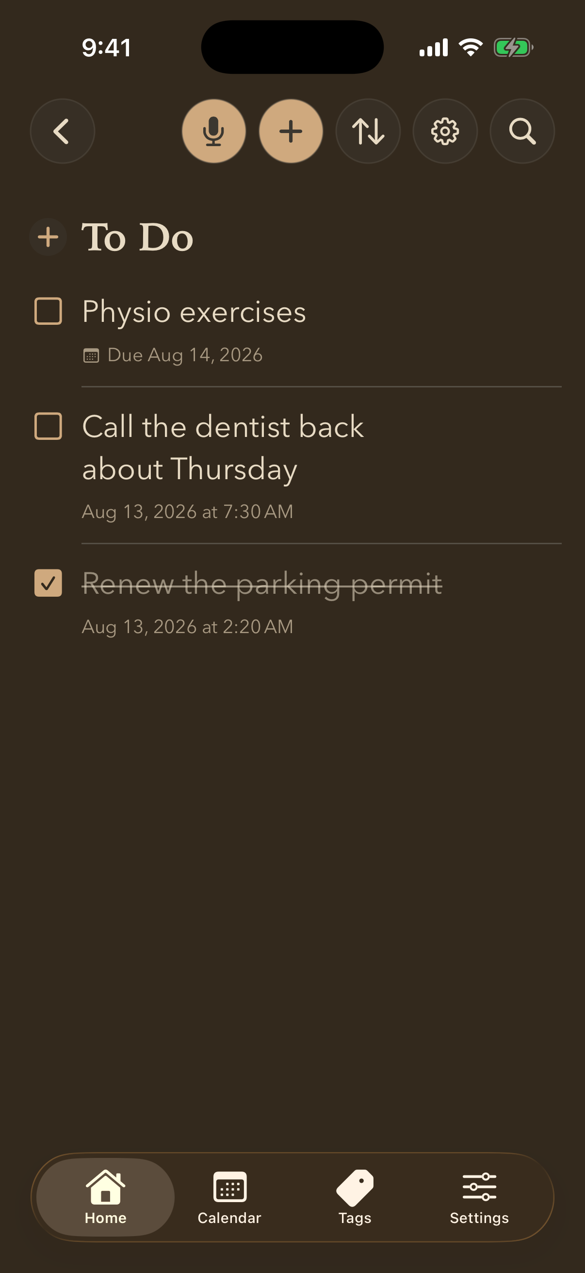 A checklist with two open items and one ticked item shown struck through