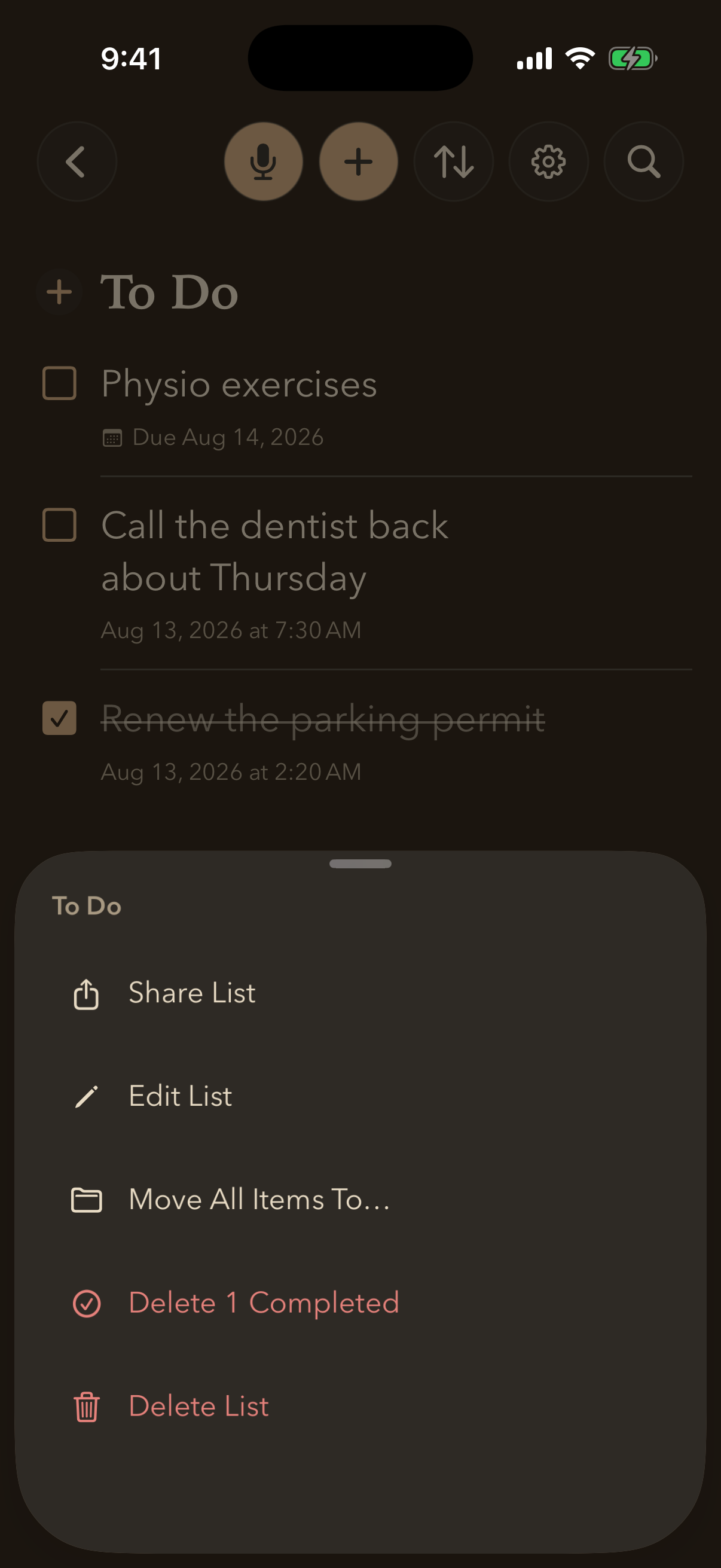 A list’s menu with Move All Items To highlighted among the other actions