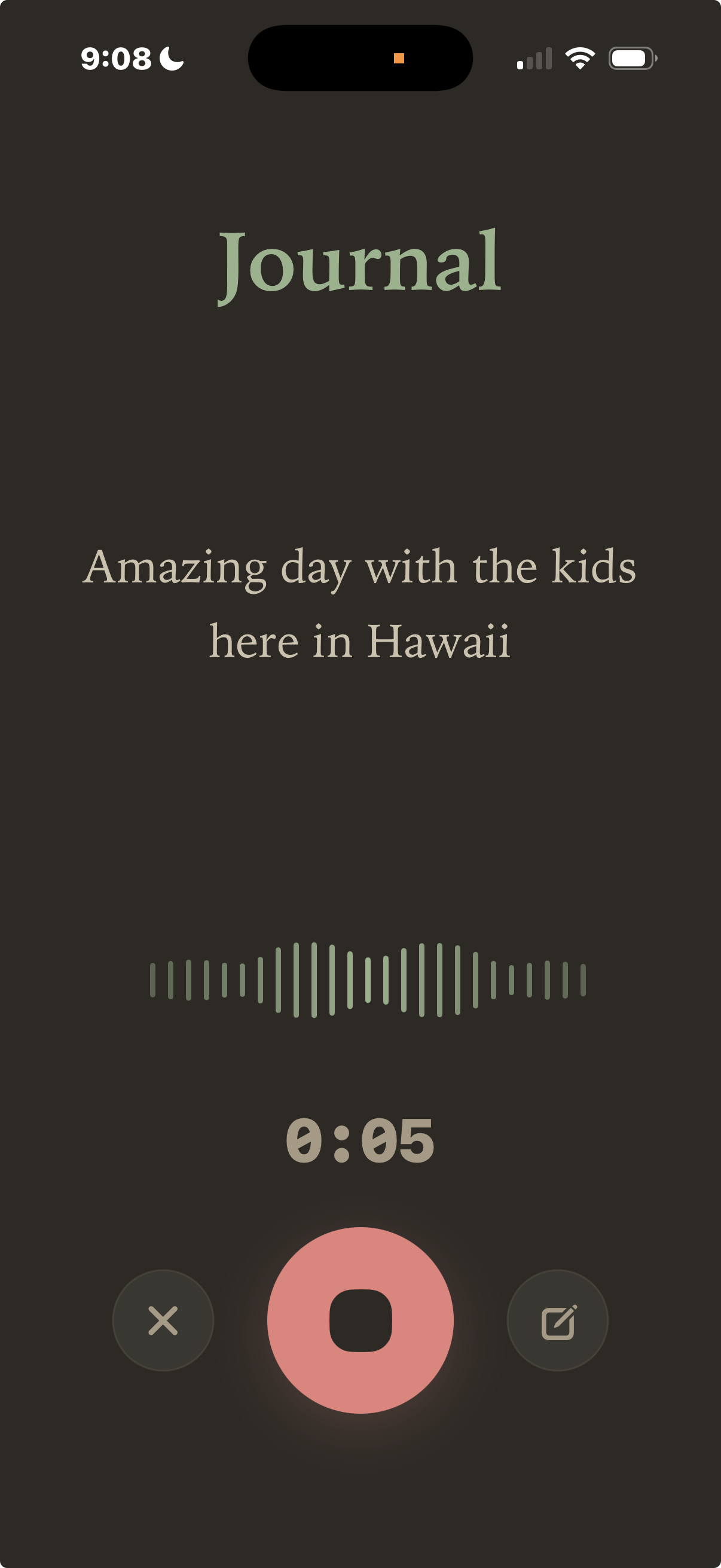 Recording into the Journal list: the words appearing as they are spoken, a live waveform, a five second timer, and buttons to cancel, stop or switch to typing