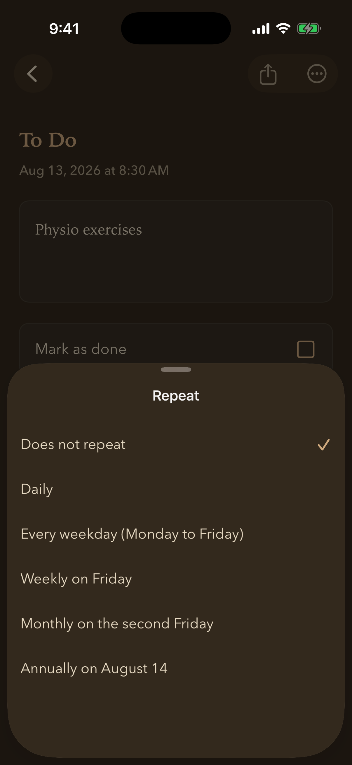 A repeat picker offering Daily, Every weekday, Weekly on Friday, Monthly on the second Friday and Annually on August 14