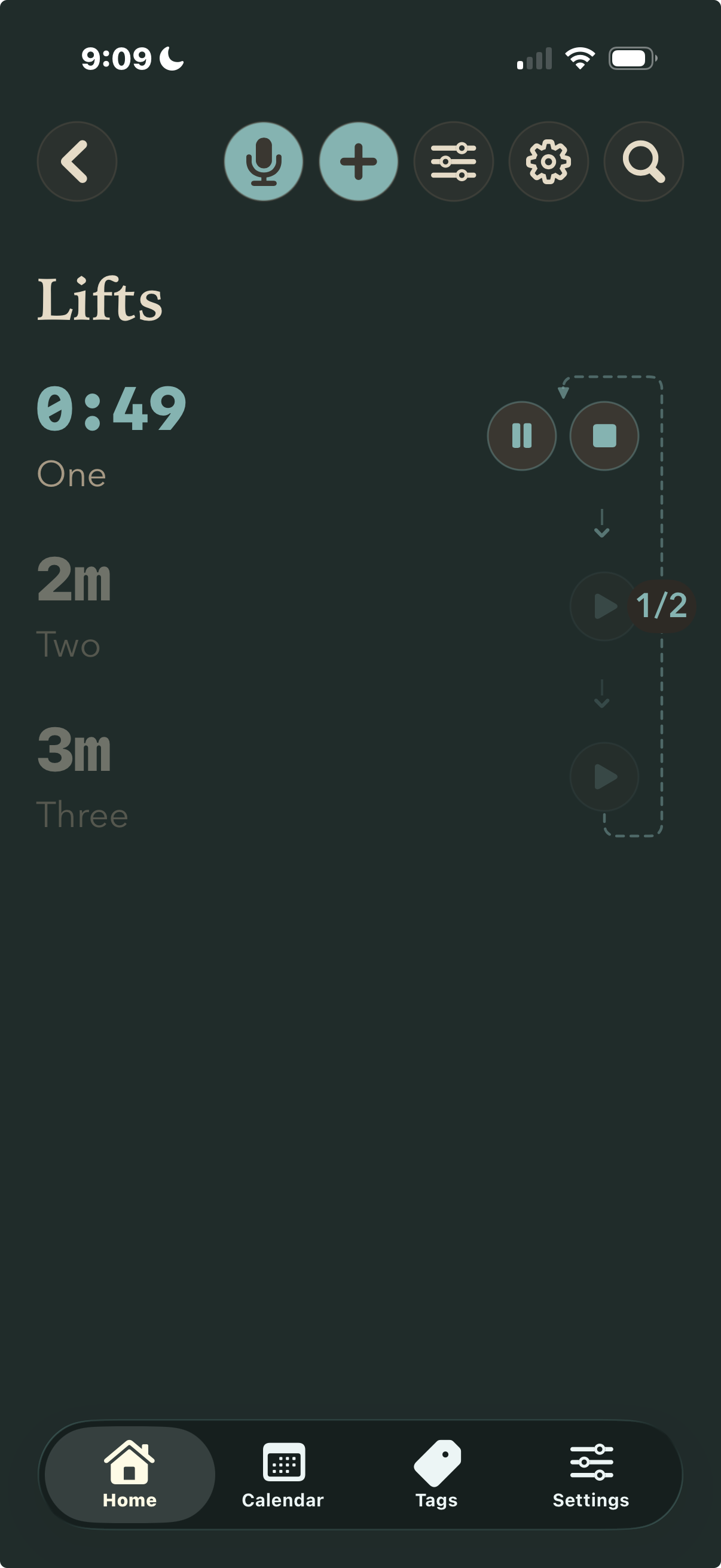 A running routine with a dashed line looping from the last step back to the first, and a counter reading one of two