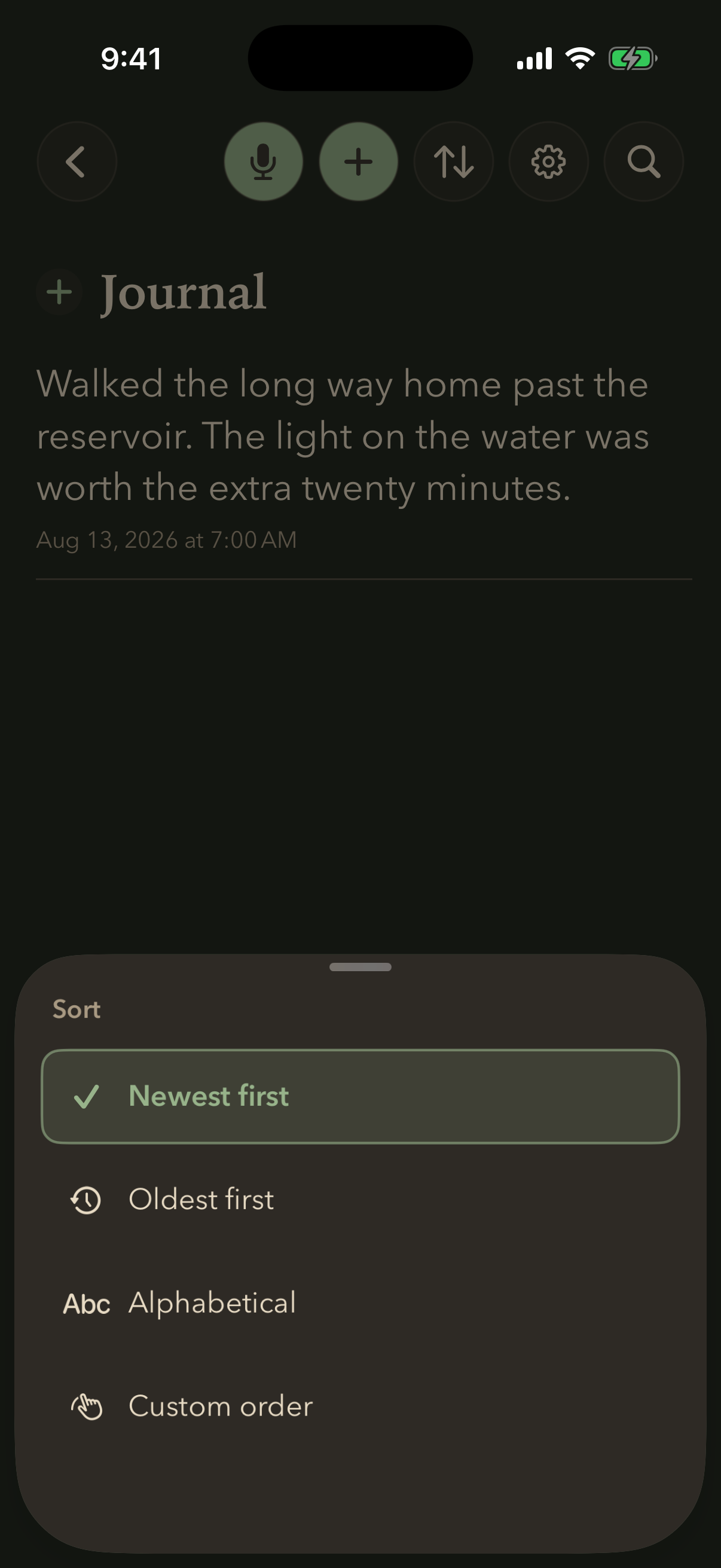 A sort sheet offering Newest first, Oldest first, Alphabetical and Custom order