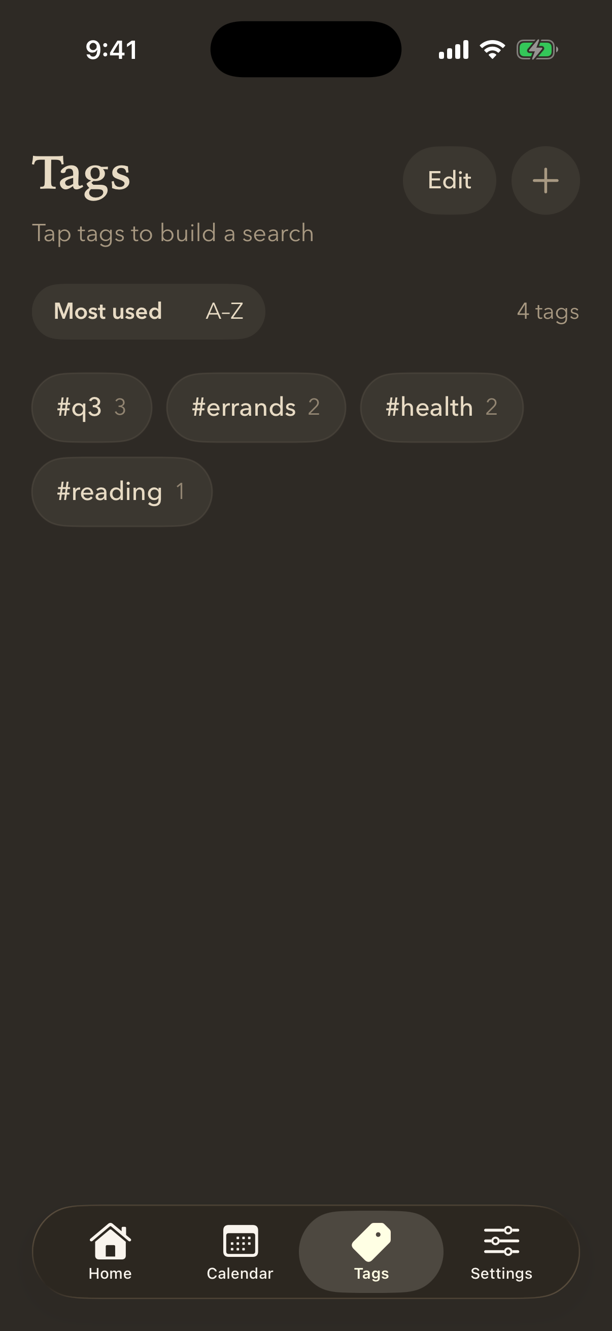 The Tags screen showing four tags as chips, each with the number of jots carrying it