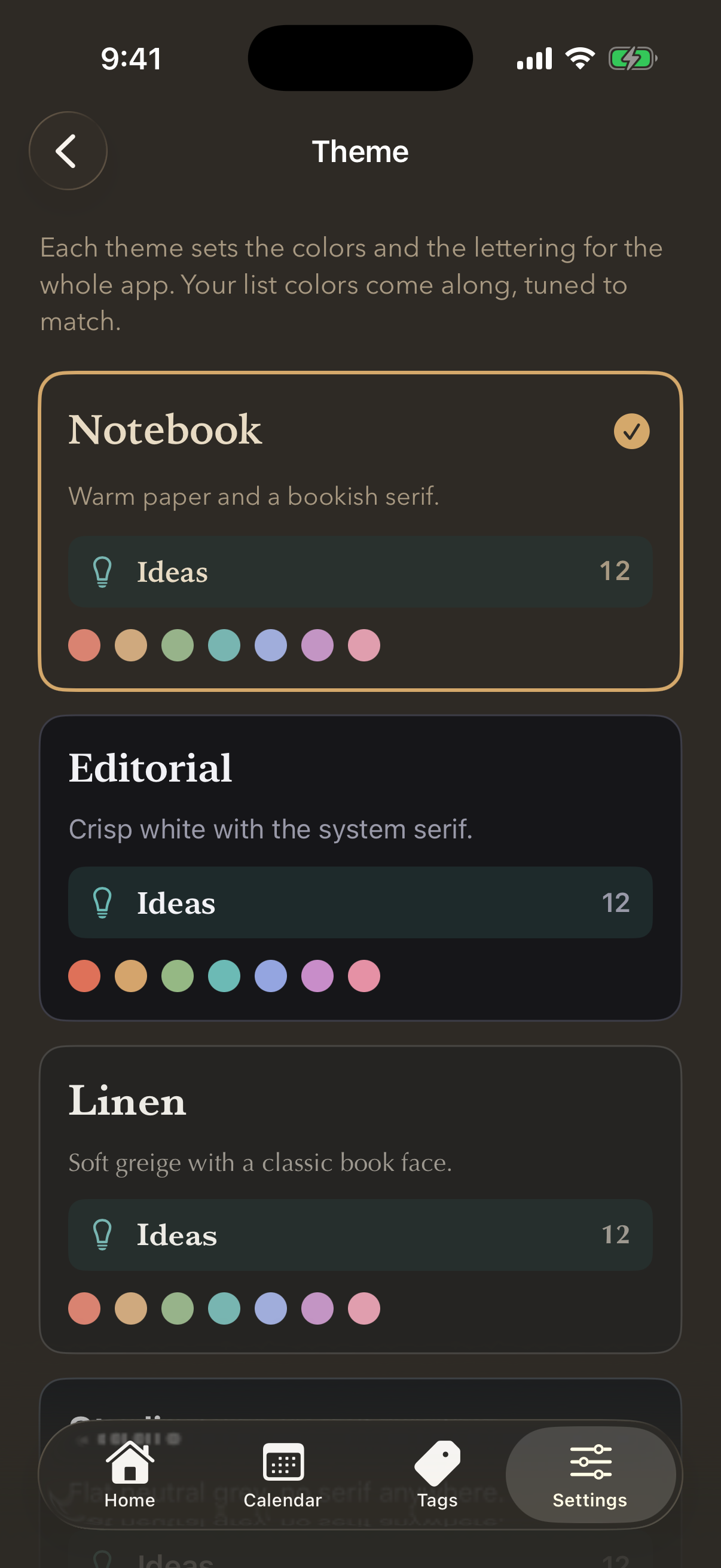 The Theme screen with Notebook, Editorial and Linen previewed, each showing its own paper, lettering and eight list colours
