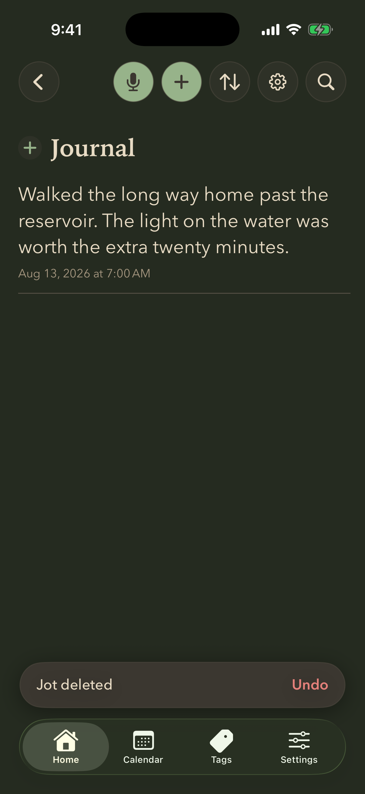 A jot list with a dark capsule at the bottom reading Jot deleted, with an Undo button