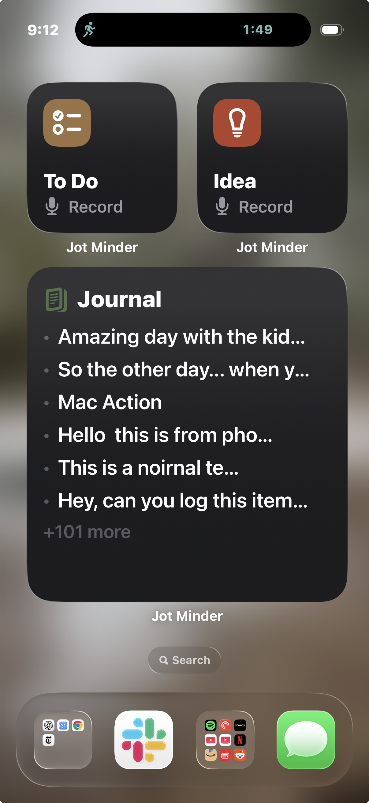 An iPhone Home Screen with two small Jot Minder widgets, To Do and Idea, each offering Record, and a large Journal widget listing recent entries