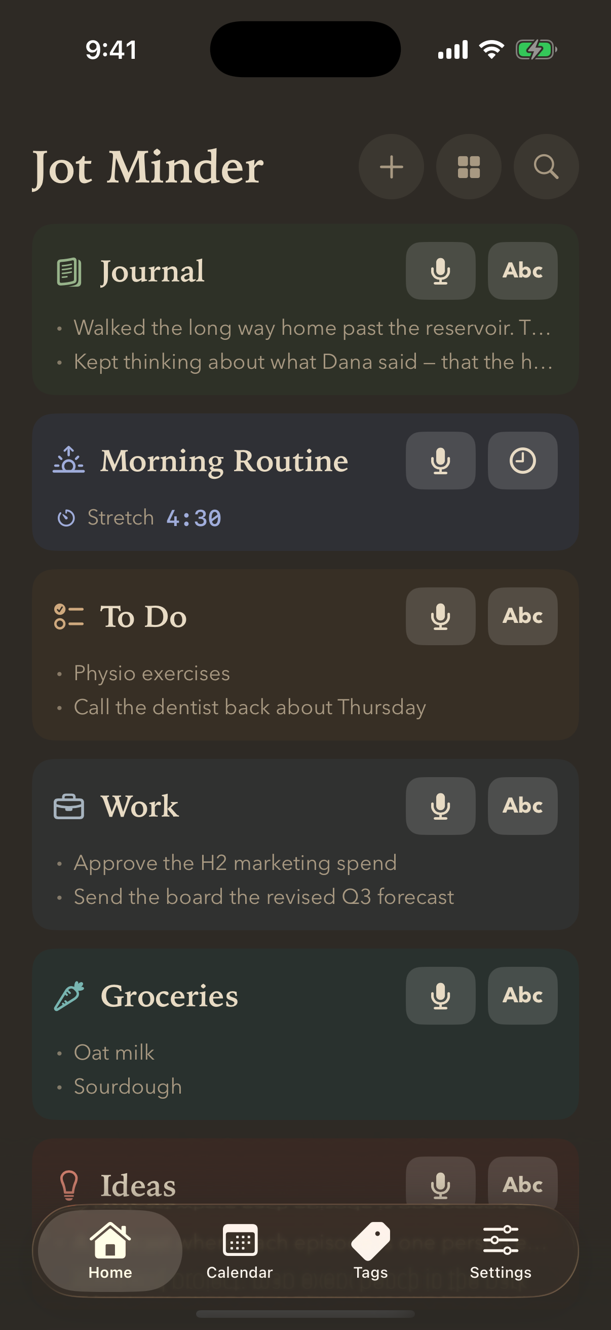 Jot Minder home screen with a morning routine counting down and lists for Journal, Today, Groceries and Ideas