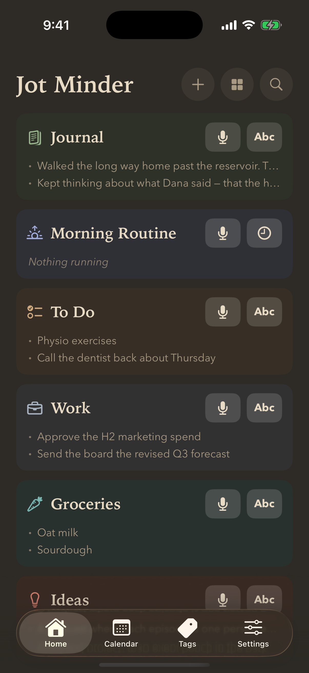 The home screen with six lists — Journal, To Do, Groceries, Ideas, Morning Routine and Tabata — each in its own colour with a microphone and Abc button