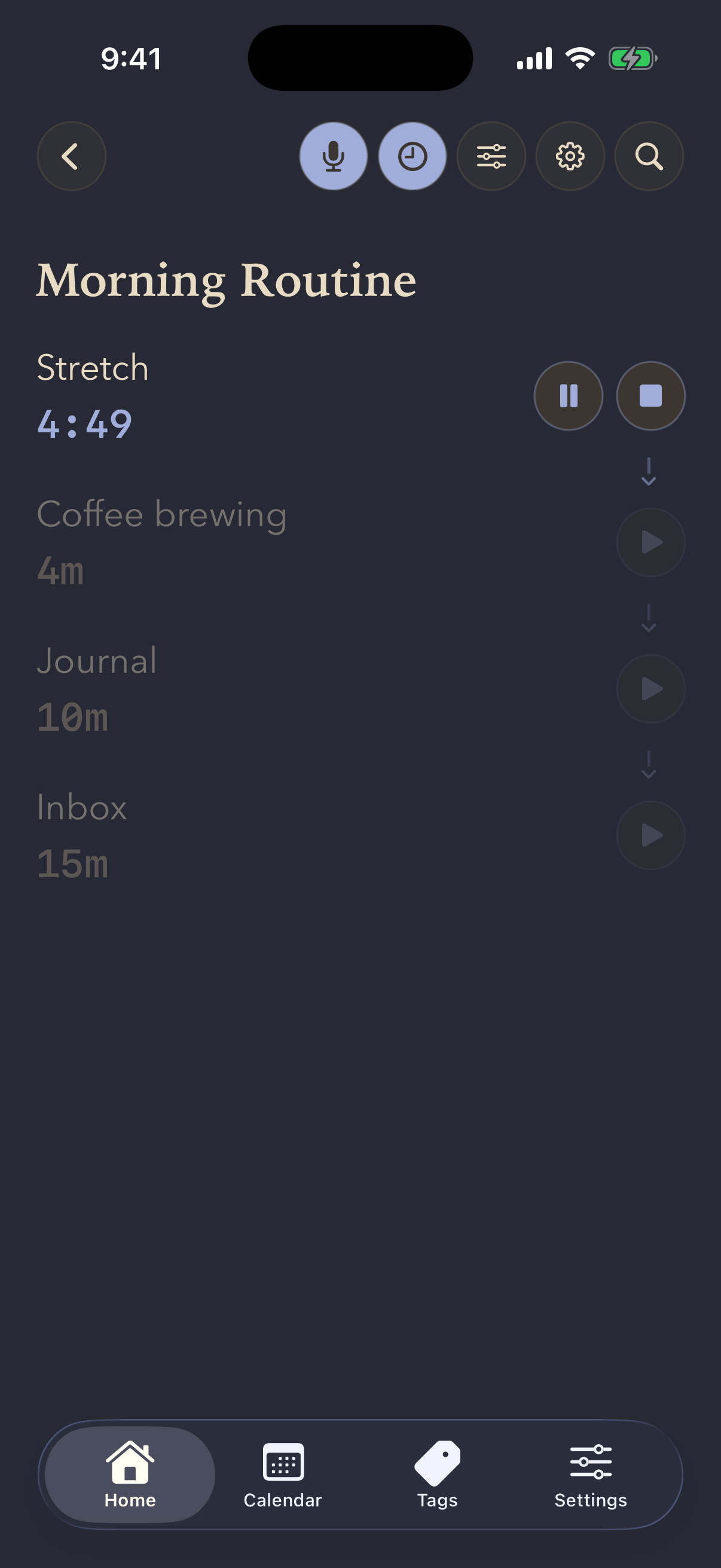 A morning routine running: Stretch counting down from five minutes, then Coffee brewing, Journal and Inbox queued behind it
