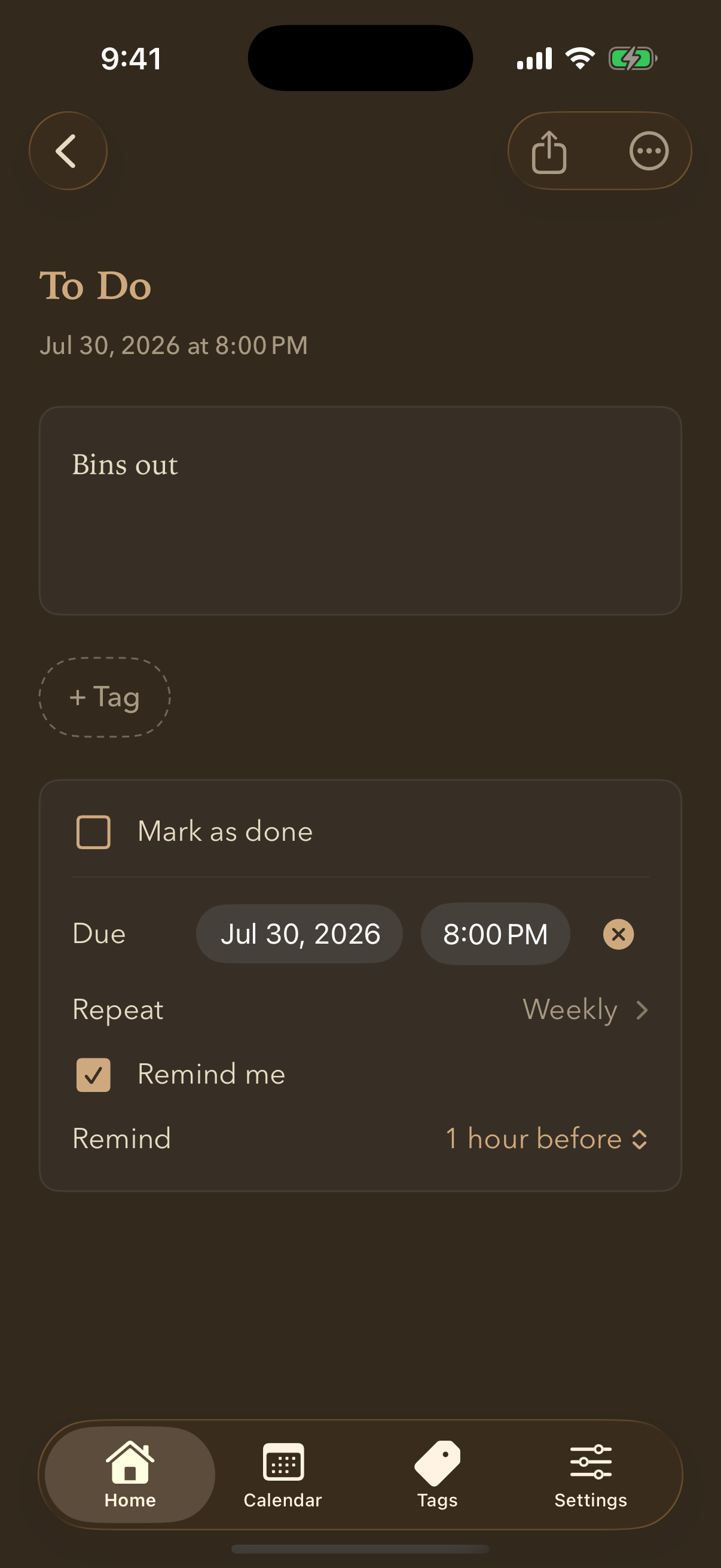 A task called Bins out, with a due date of 8pm, Repeat set to Weekly, Remind me ticked, and a reminder one hour before