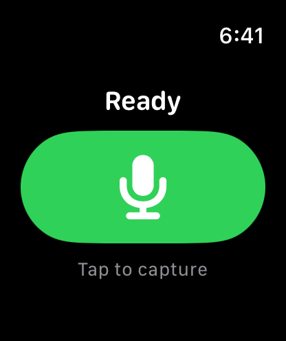 Jot Minder on Apple Watch: a large green microphone button labelled Ready, Tap to capture