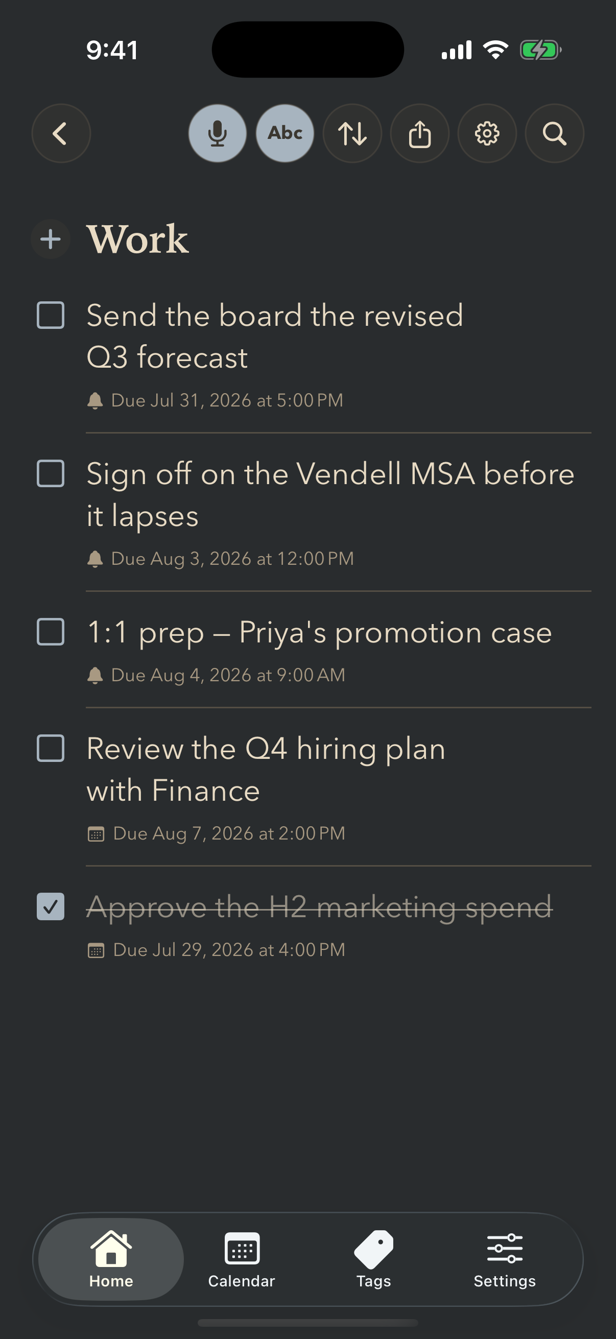 A Work checklist in slate: board forecast, vendor contract, one-to-one prep and hiring plan, each with a deadline, and an approved item struck through