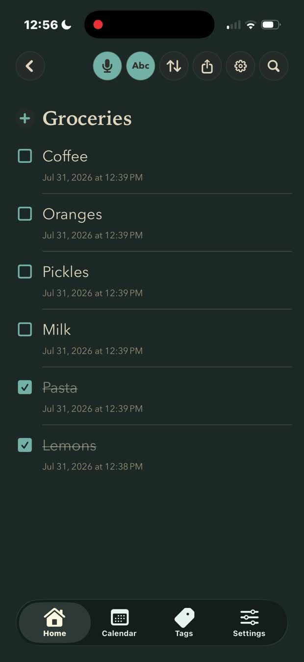 A teal Groceries list: typing eggs into it and the item appearing at the top